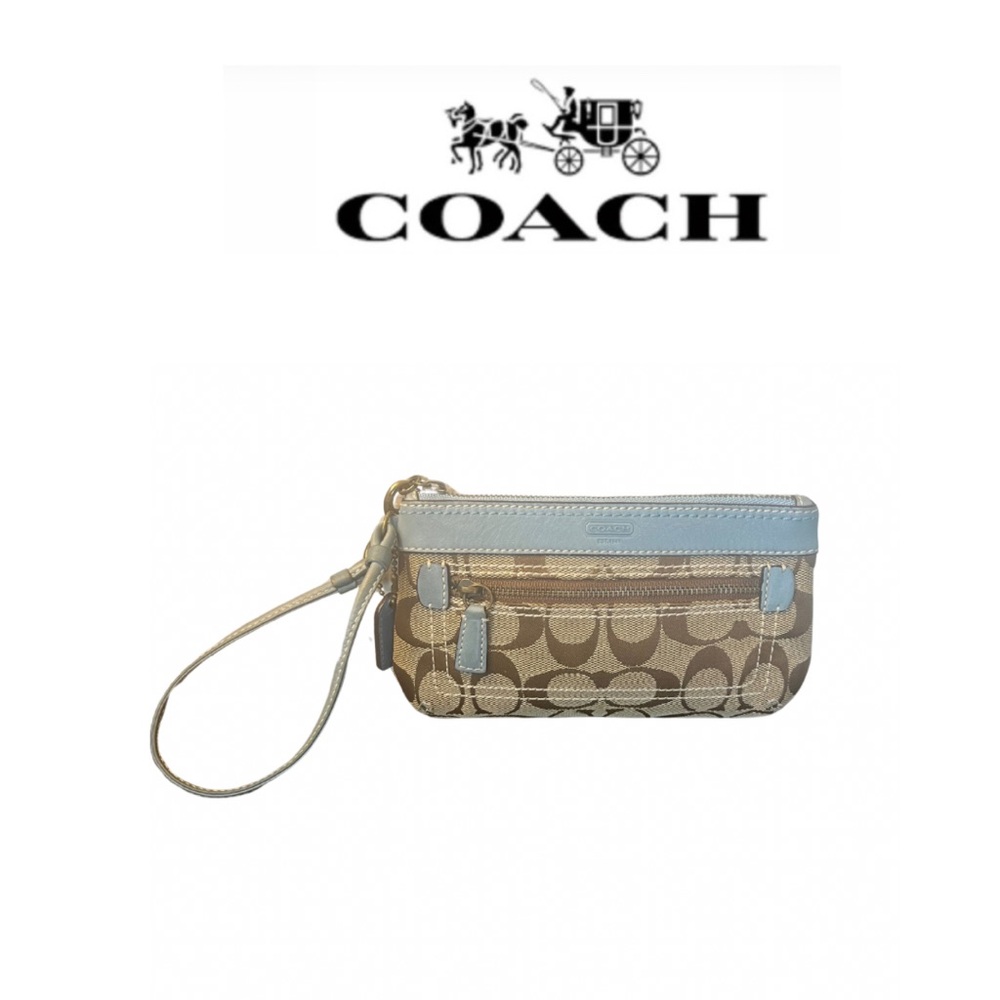 Coach Khaki Signature C Wristlet Blue Leather Trim